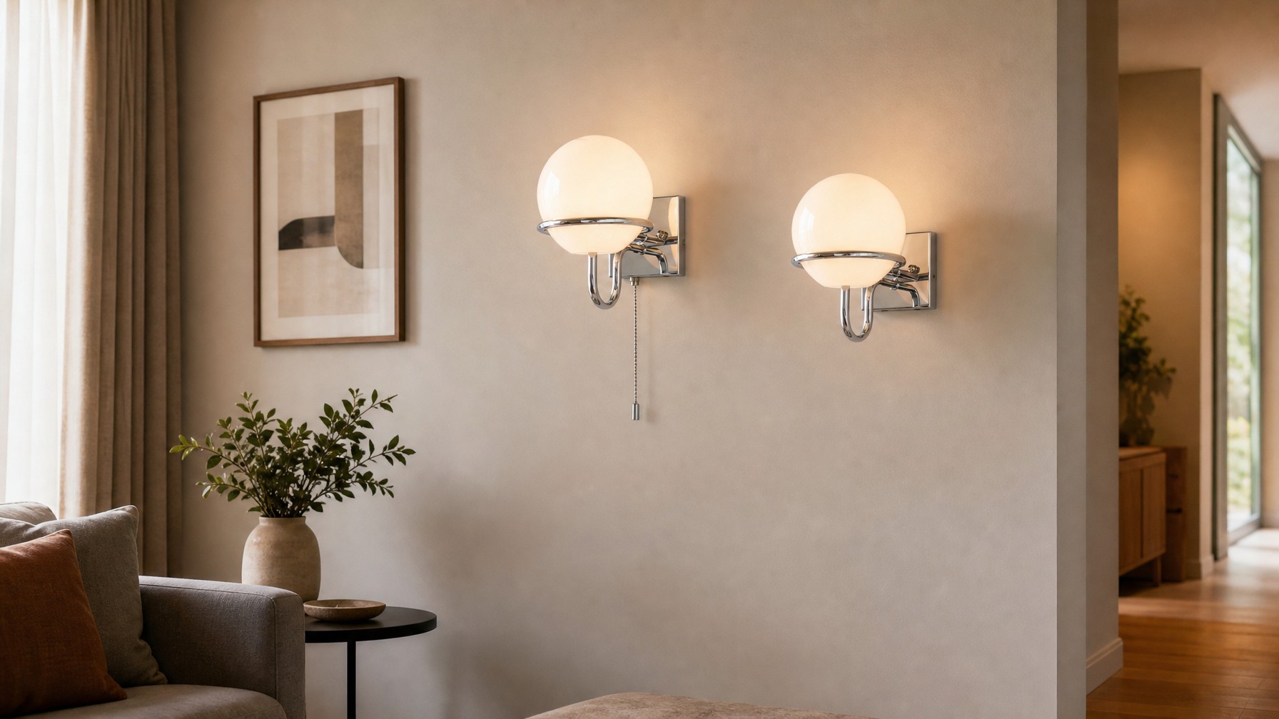Moderne Wandleuchte aus der Mitte des Jahrhunderts mit runder weißer Glaskugel in einer warmen Innenszene
