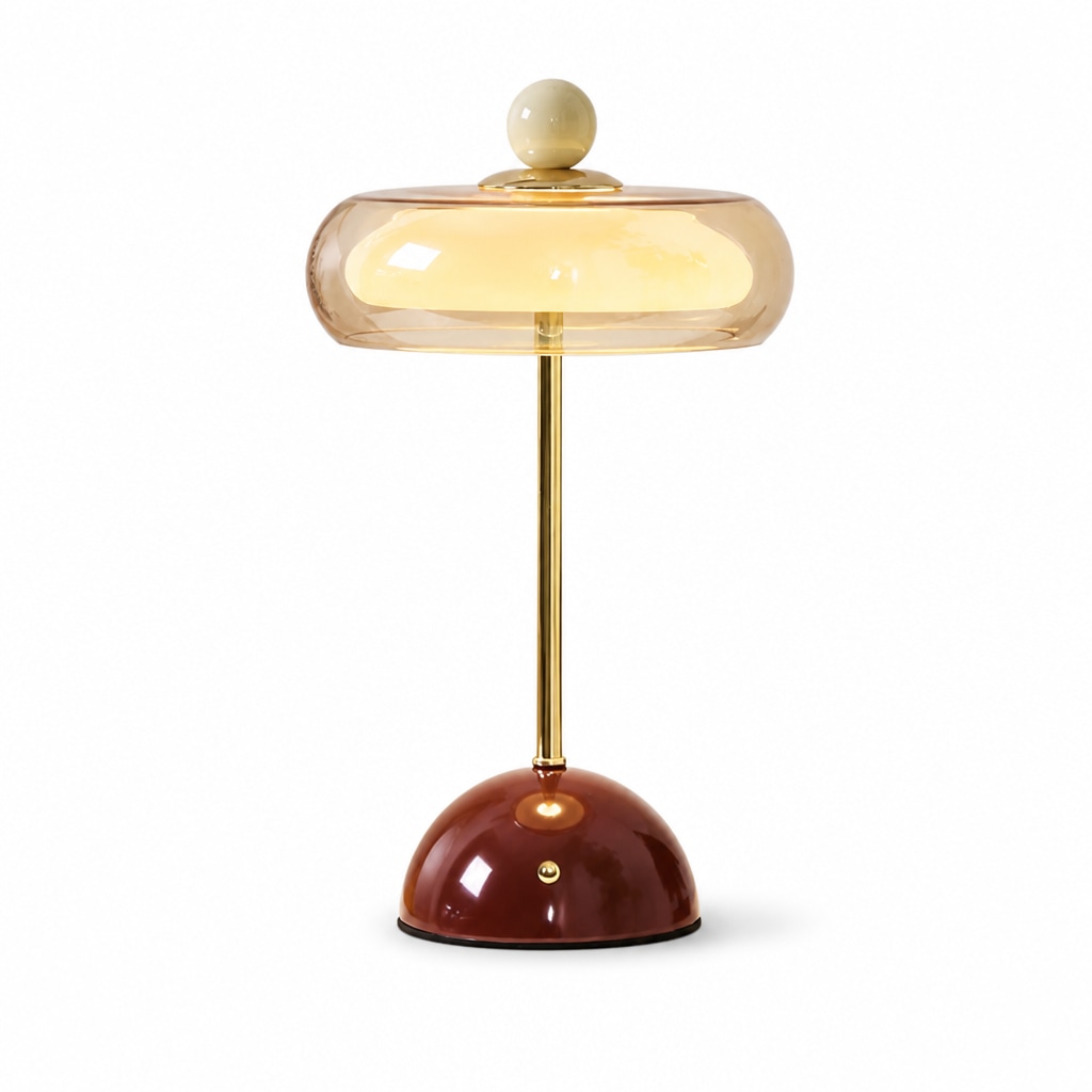 Modern Glass Table Lamp with Sculptural Orb Design for Bedroom Bedside and Desk Lighting Burgundy Rechargeable Touch Control