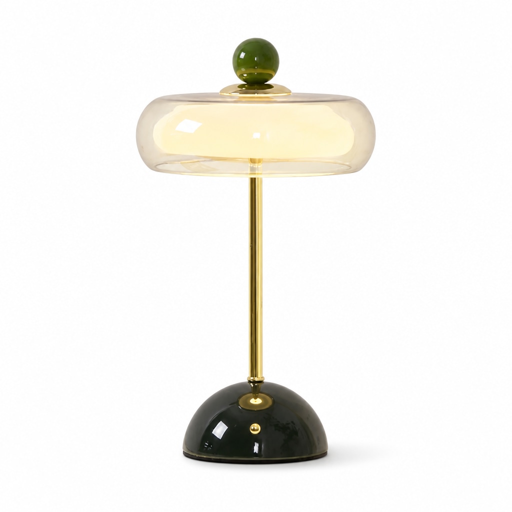Modern Glass Table Lamp with Sculptural Orb Design for Bedroom Bedside and Desk Lighting Dark Green Rechargeable Touch Control