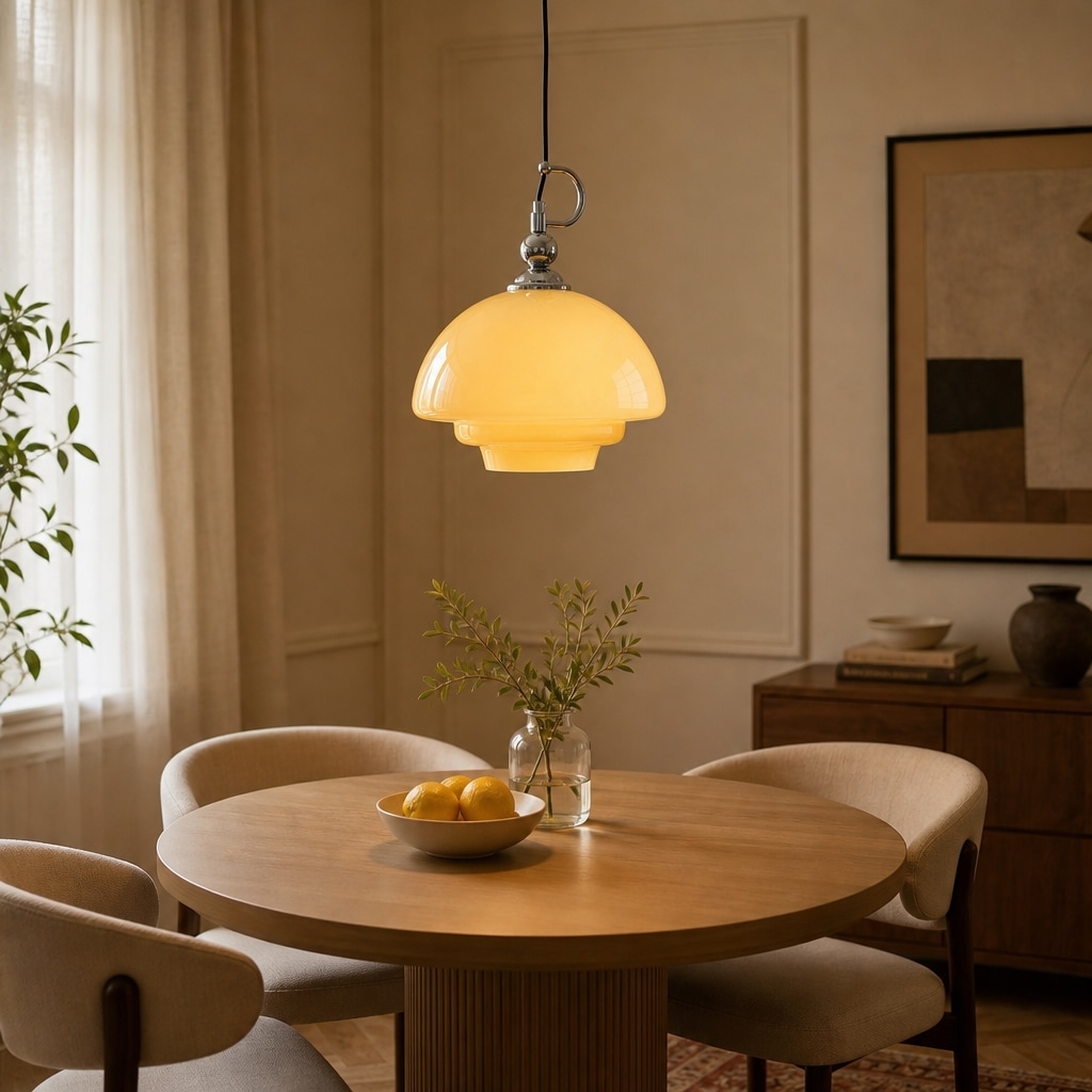 Vintage Bauhaus Glass Pendant Lamp with Sculptural Saucer Shade for Dining Room and Bar Counter lifestyle scene