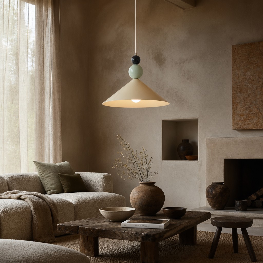 Cone pendant lamp centered above a coffee table in a lifestyle room scene
