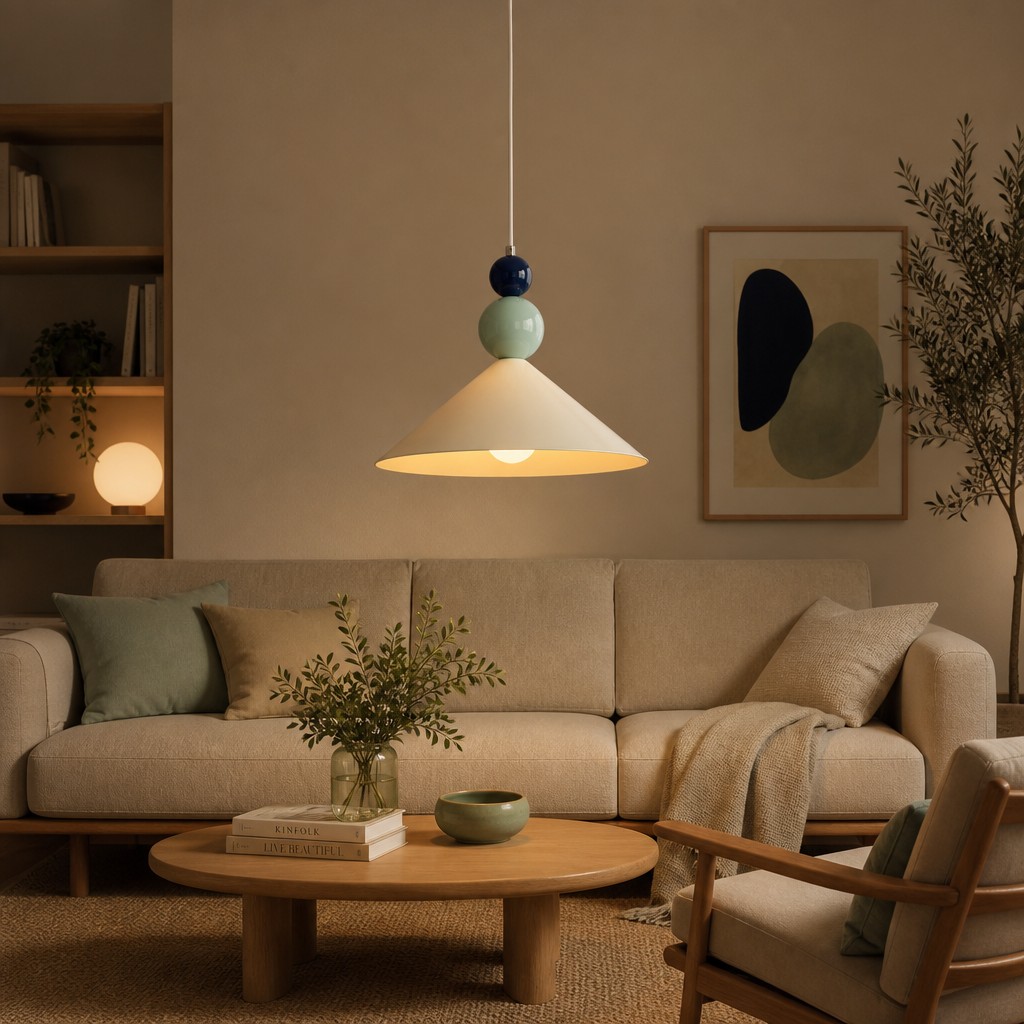 Pendant lamp installed above a living room seating area