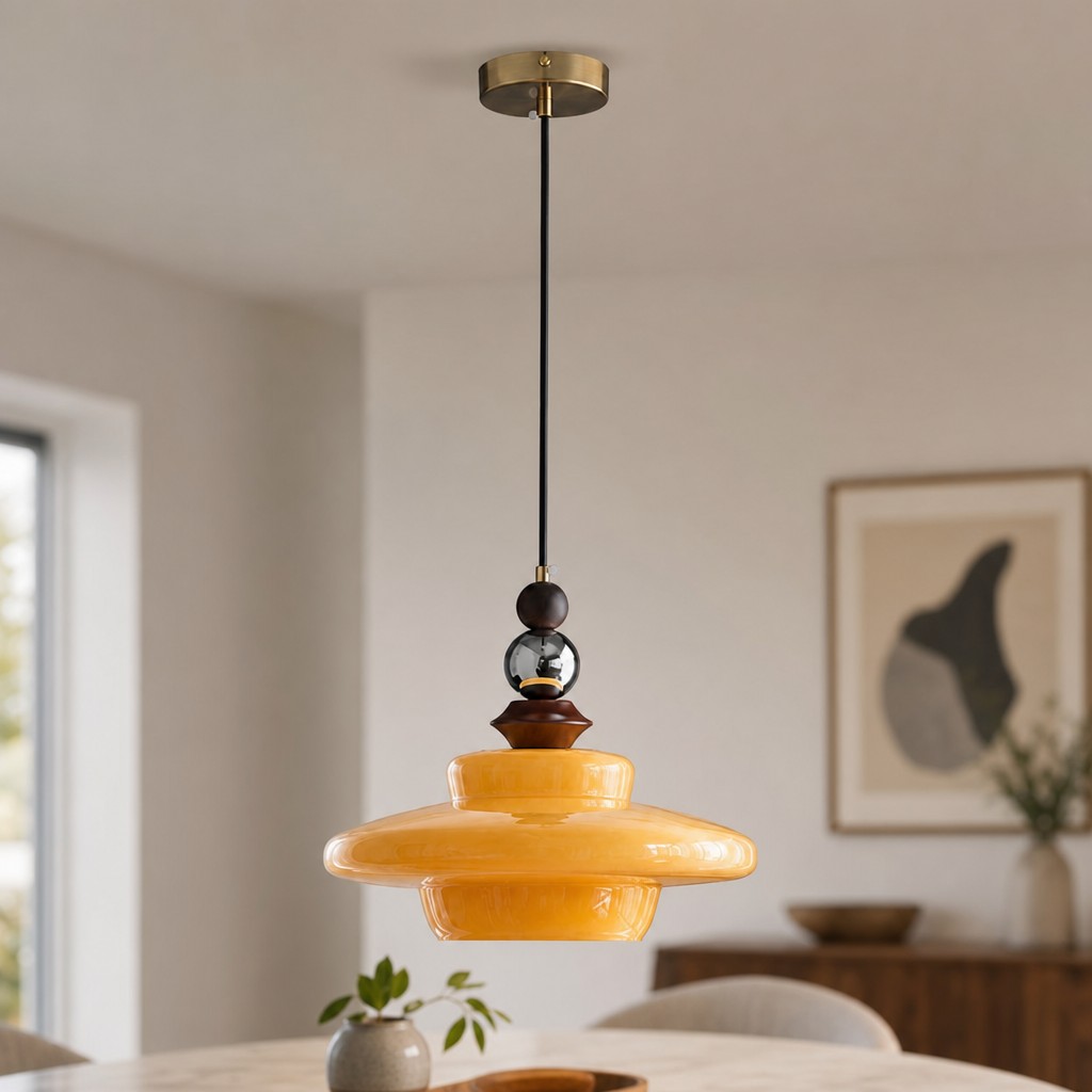 Hanging pendant light centered above a table