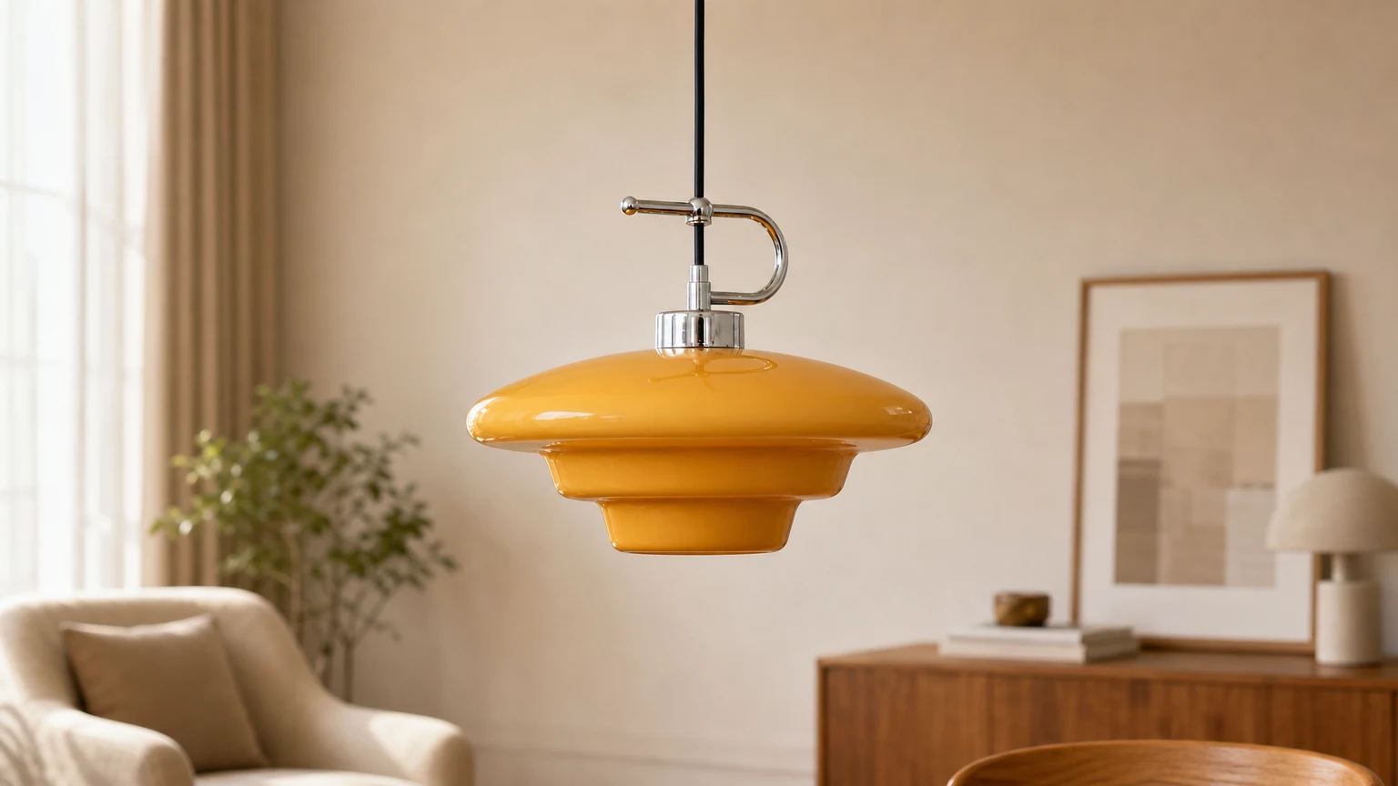 Bauhaus yellow glass saucer pendant light in a cozy interior