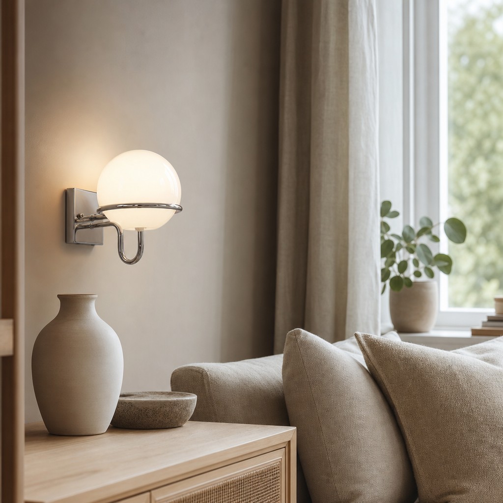 Quadratische Lifestyle-Raumszene mit der verchromten Globe-Wandleuchte