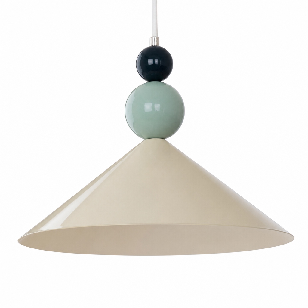 Complete pendant lamp showing shade, spheres, and suspension cord