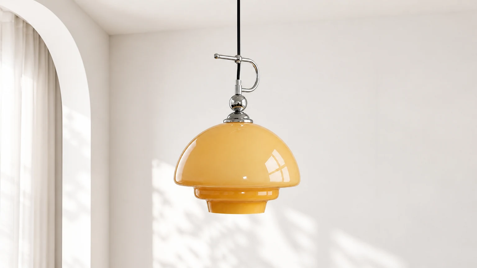 Vintage Bauhaus glass pendant lamp in a dining room scene