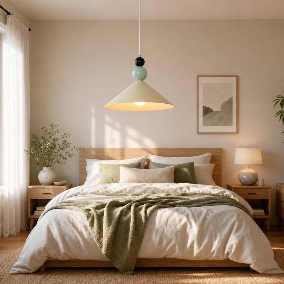Pendant lamp in a bedroom scene above the bed area