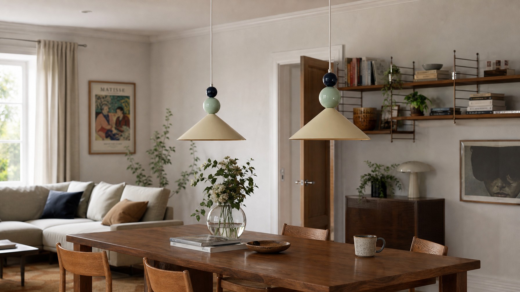 Contemporary cone style pendant lamp installed in a refined living space