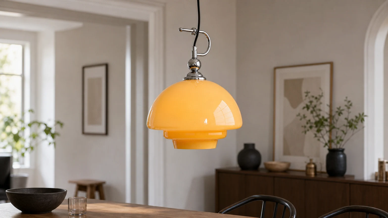 Suspension en verre Bauhaus vintage dans une cuisine et une salle à manger chaleureuses