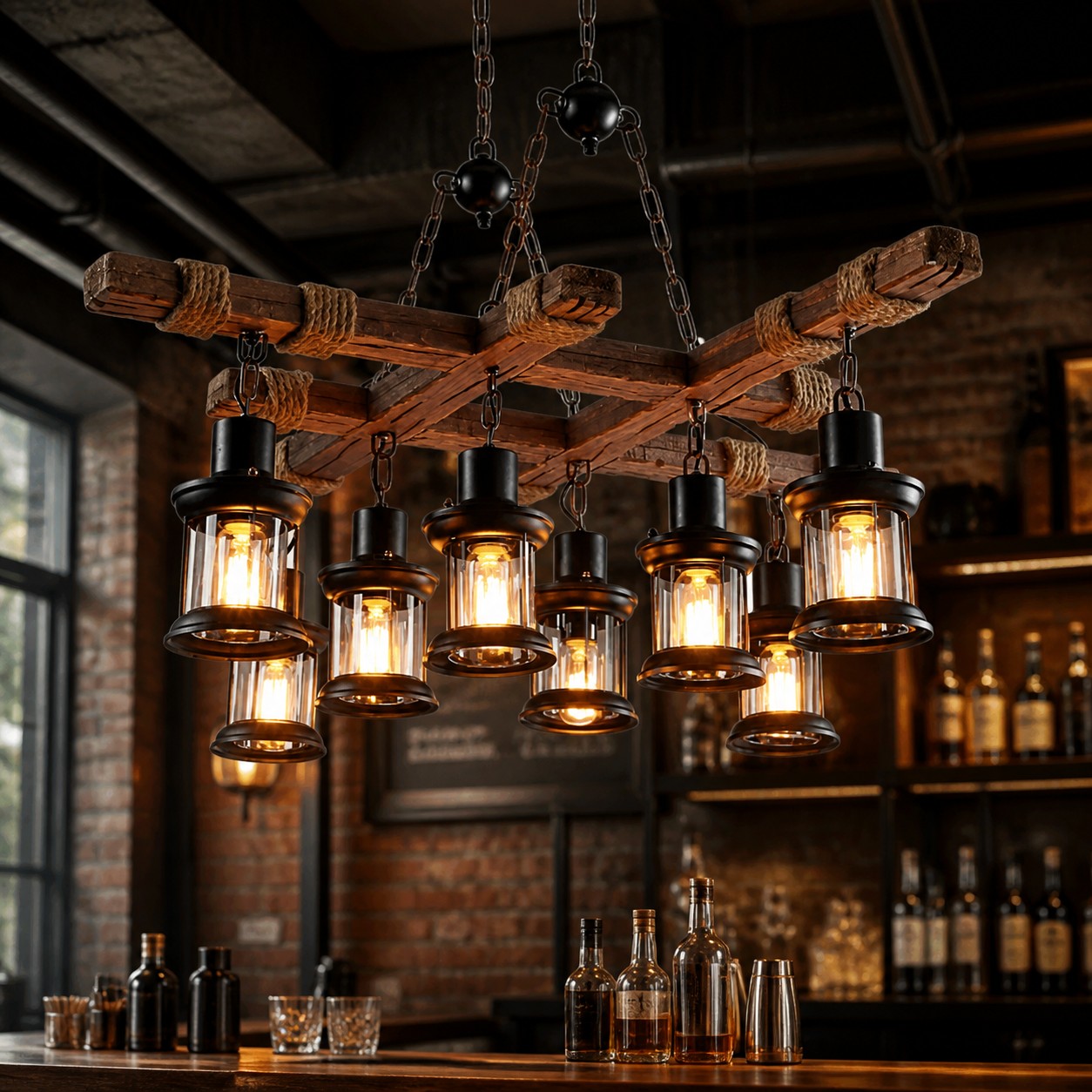 Rustic Wood Beam and Rope 8-Light Chandelier