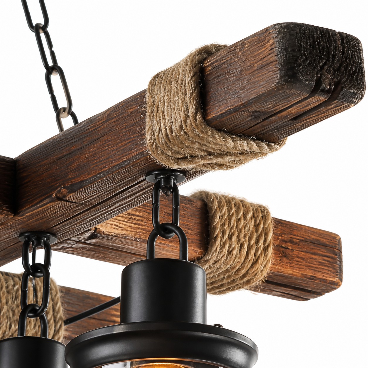 Rustic Wood Beam and Rope 8-Light Chandelier detail image 5
