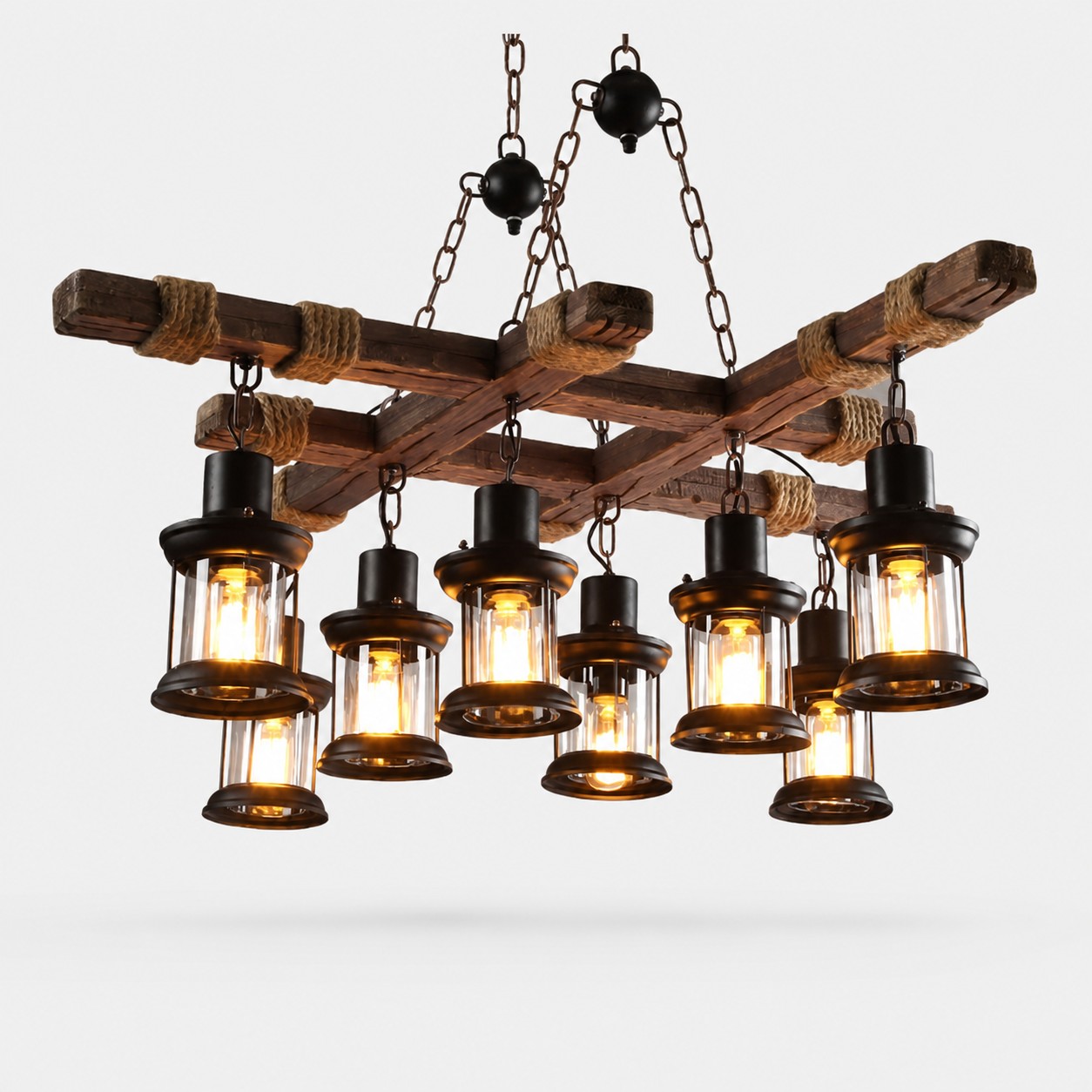 Rustic Wood Beam and Rope 8-Light Chandelier detail image 8