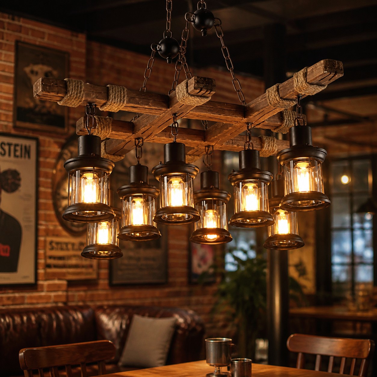Rustic Wood Beam and Rope 8-Light Chandelier detail image 3