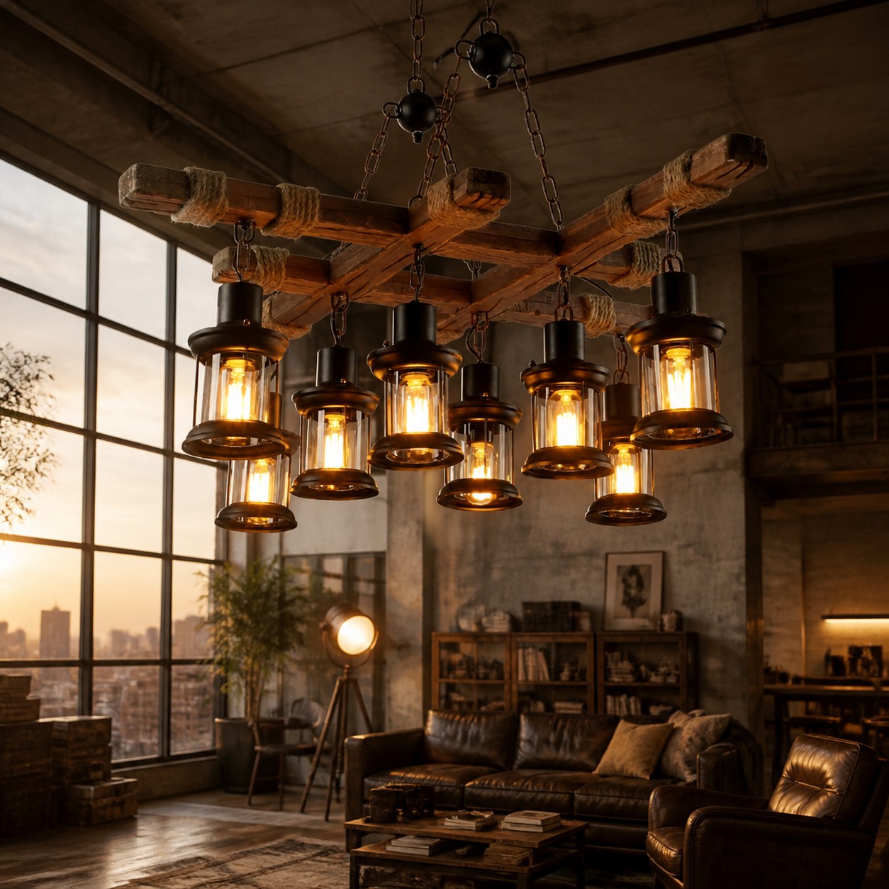 Rustic Wood Beam and Rope 8-Light Chandelier detail image 4