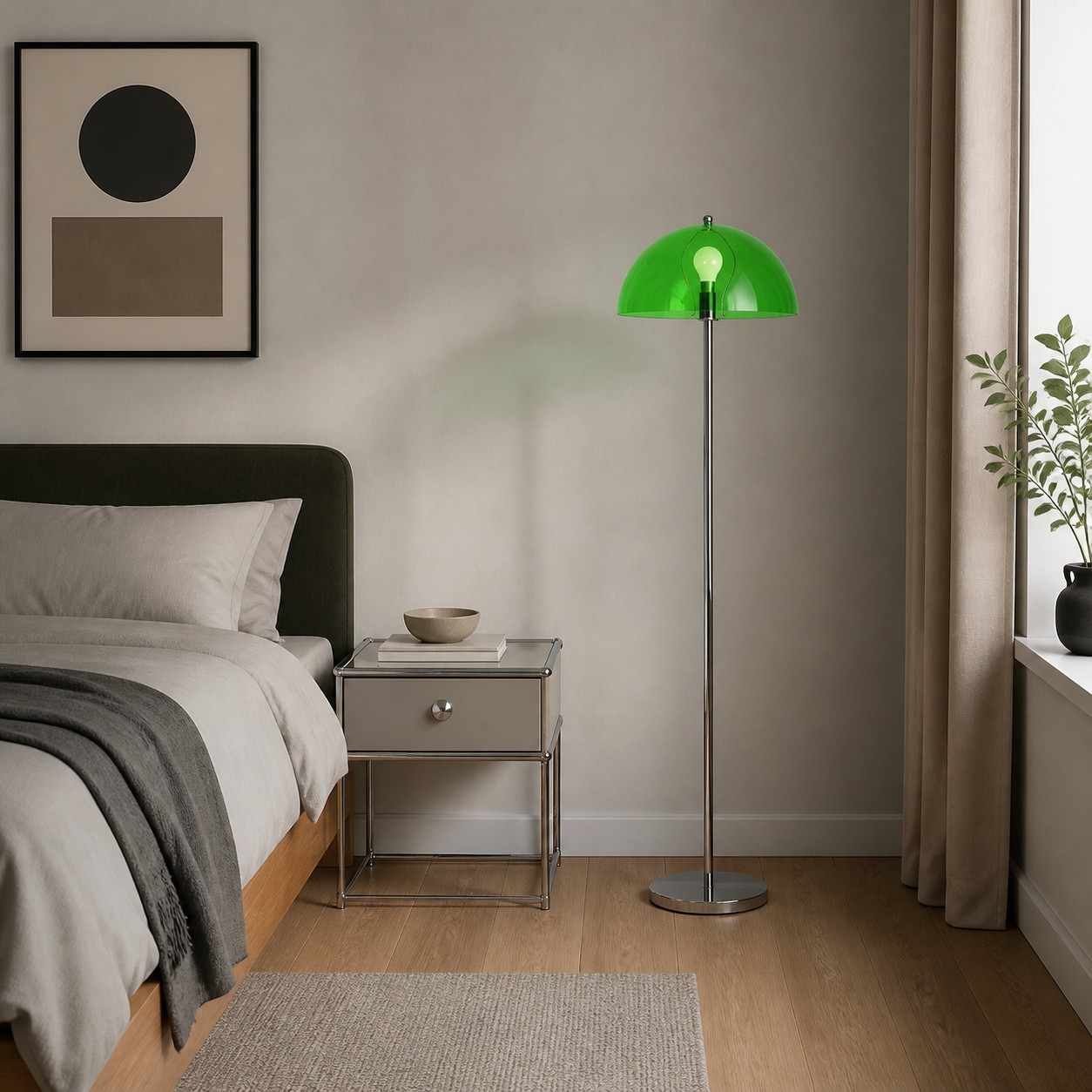 Lámpara de pie verde estilo Bauhaus en un dormitorio