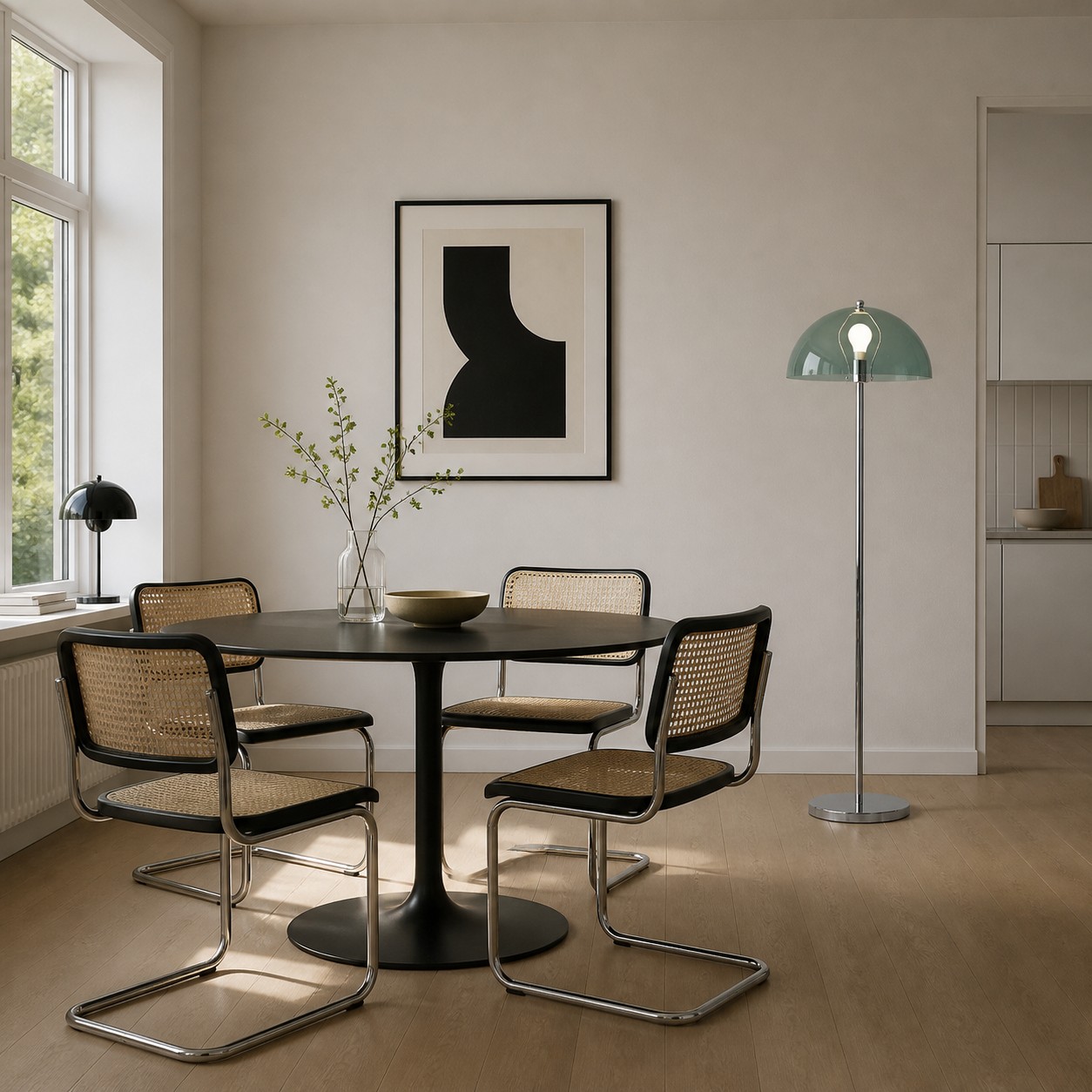 Lámpara de pie Bauhaus color cian en un comedor.