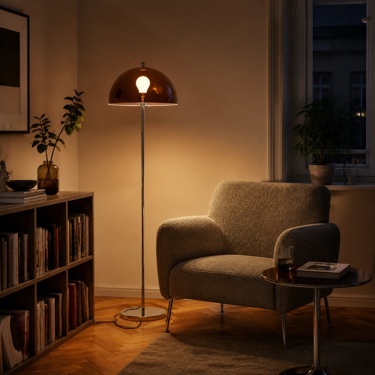 Lámpara de pie marrón estilo Bauhaus en un rincón de lectura.