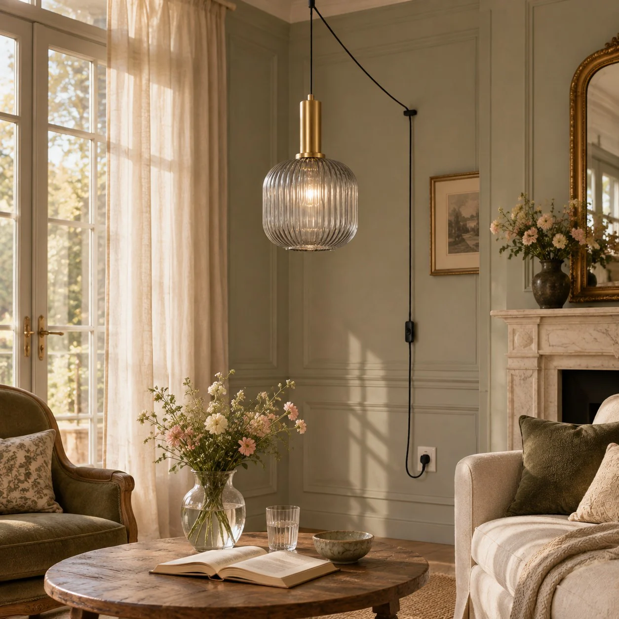 Retro ribbed glass plug-in pendant light in a home interior