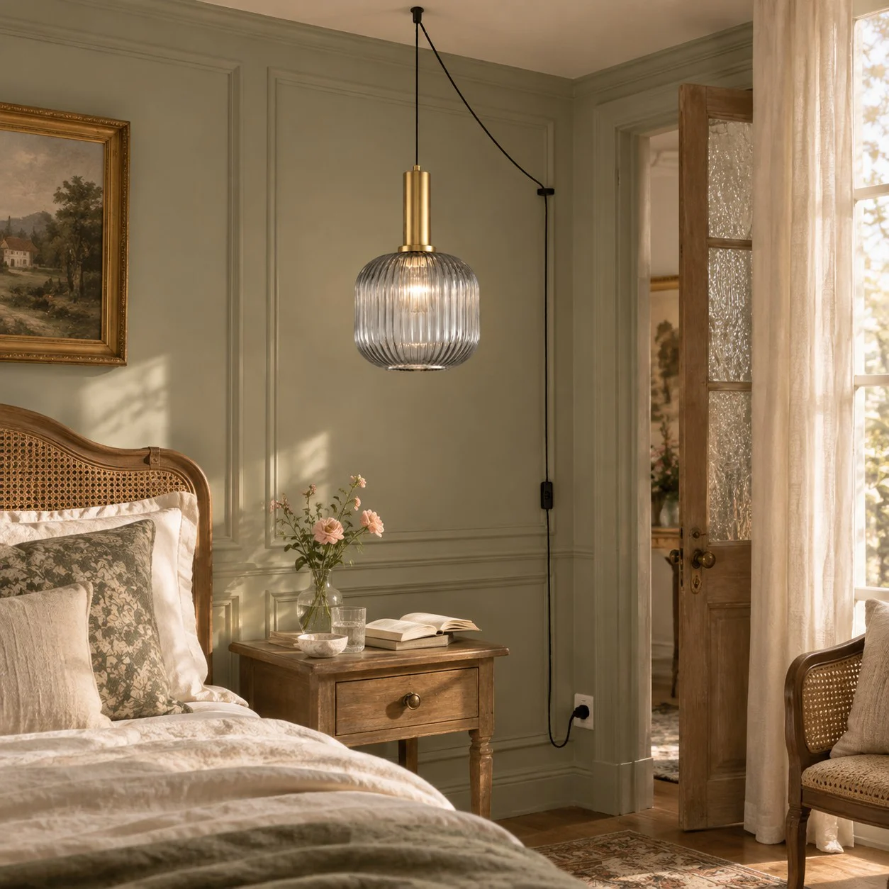Retro ribbed glass plug-in pendant light in a home interior