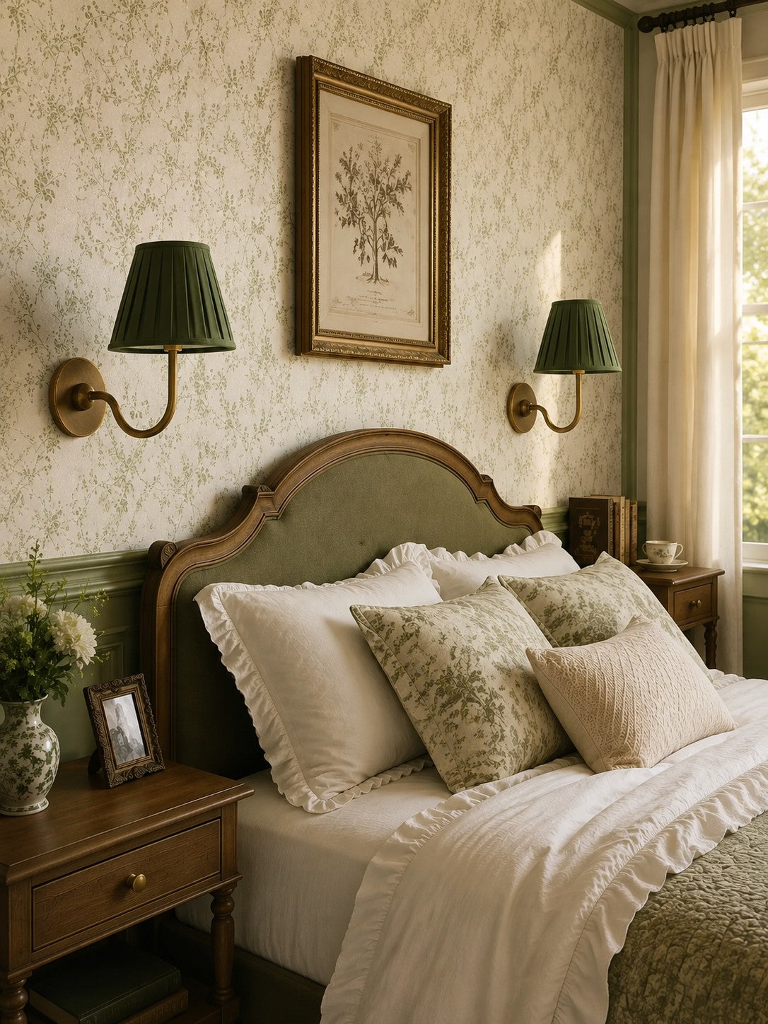 Green fabric shade wall sconces beside a bed