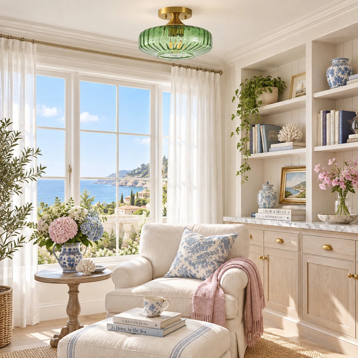 Green small ribbed glass ceiling light in a dining space