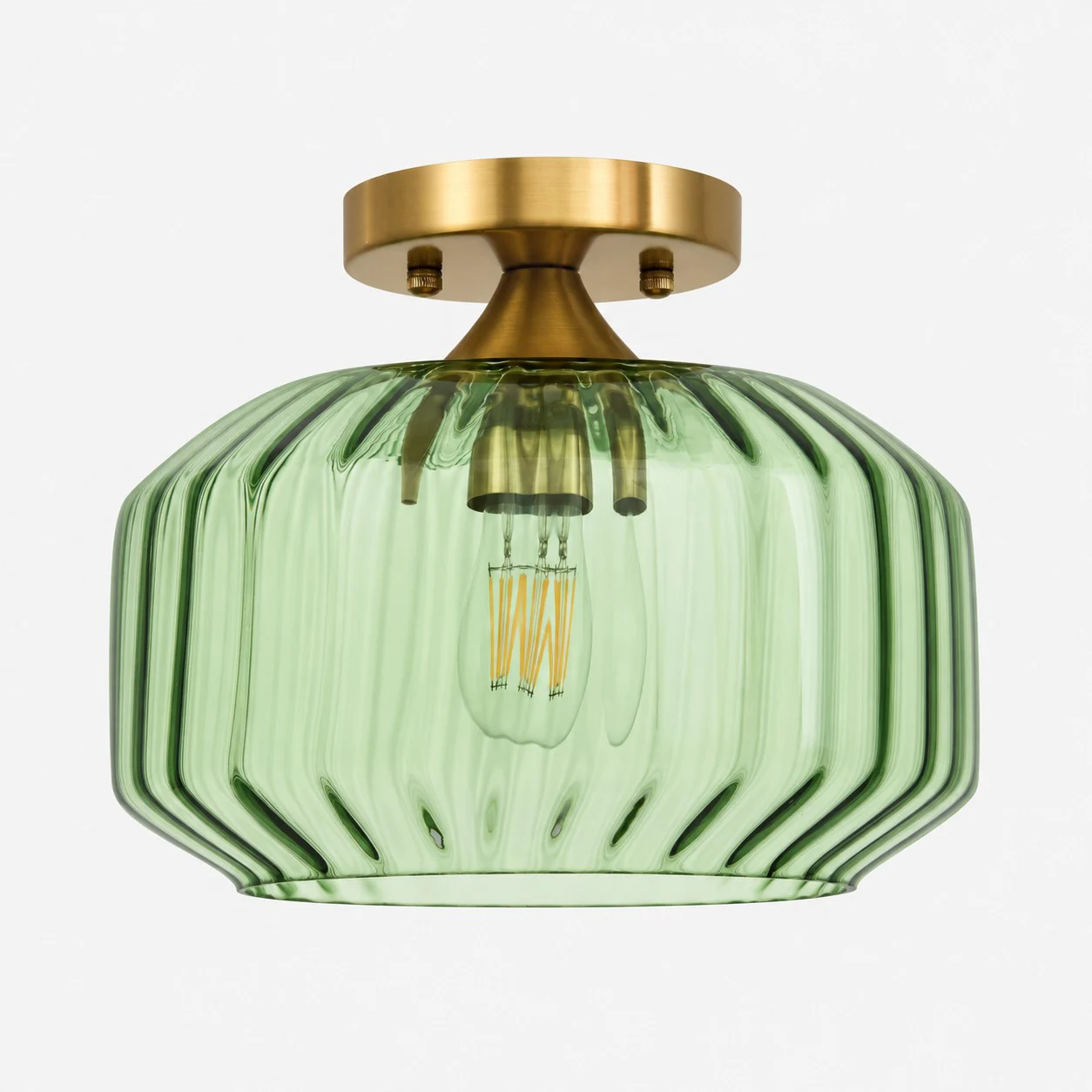 Green large ribbed glass semi-flush ceiling light with brushed brass canopy