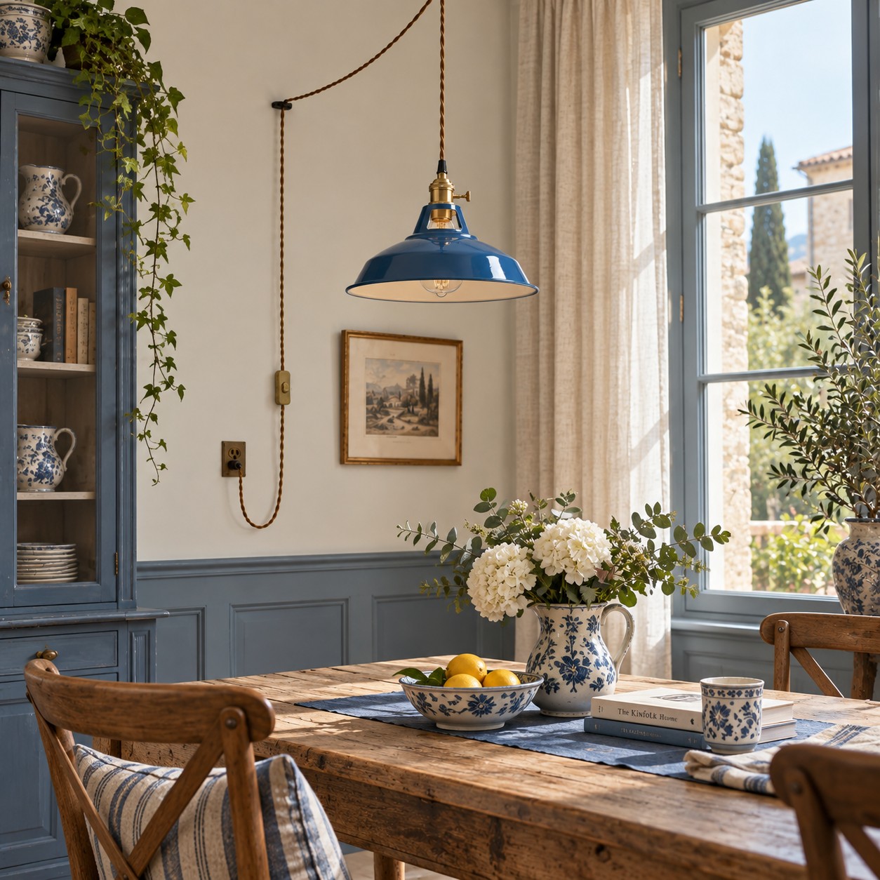Dark blue pendant in a coastal breakfast room