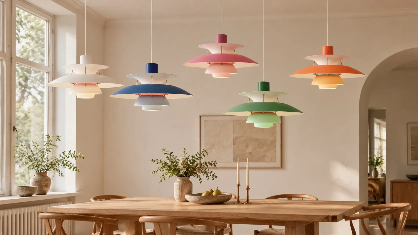 Colourful Layered Shape pendant lights above a dining table