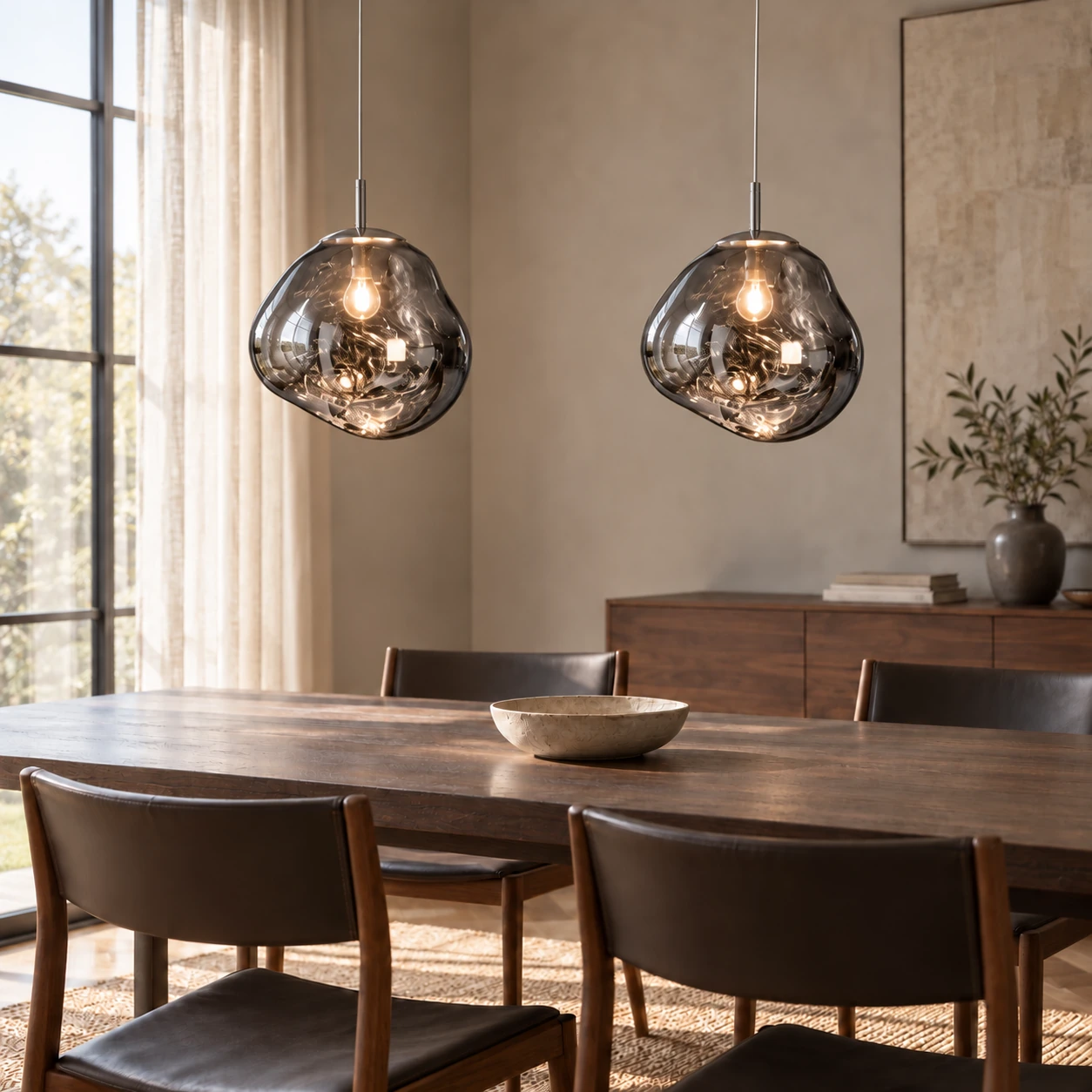 AI dining-room scene with two silver Melt pendants above a wooden table
