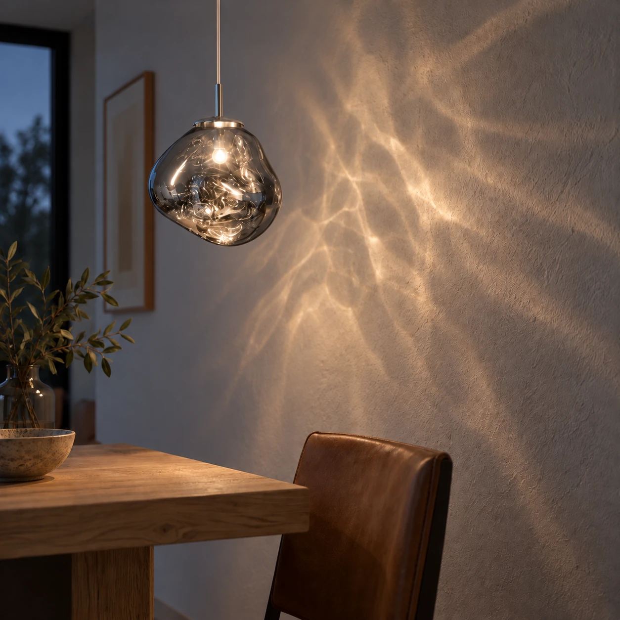 Silver finish with irregular wall reflections in an AI interior scene