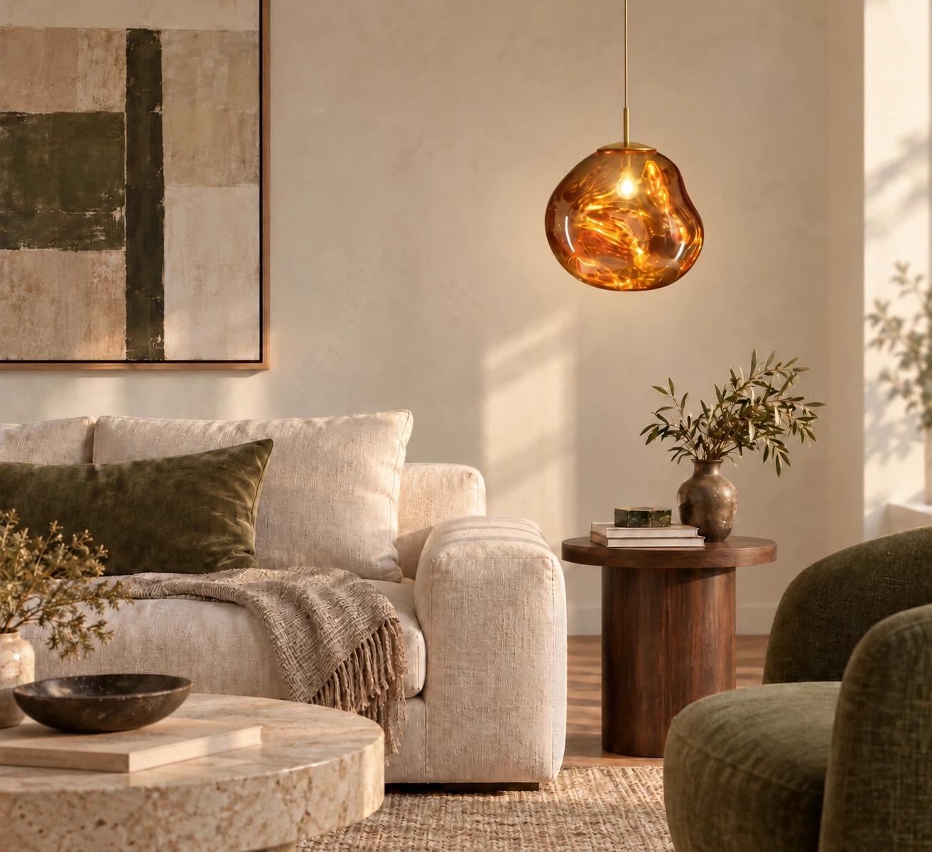AI room scene with a golden Melt pendant beside a sofa and wooden side table