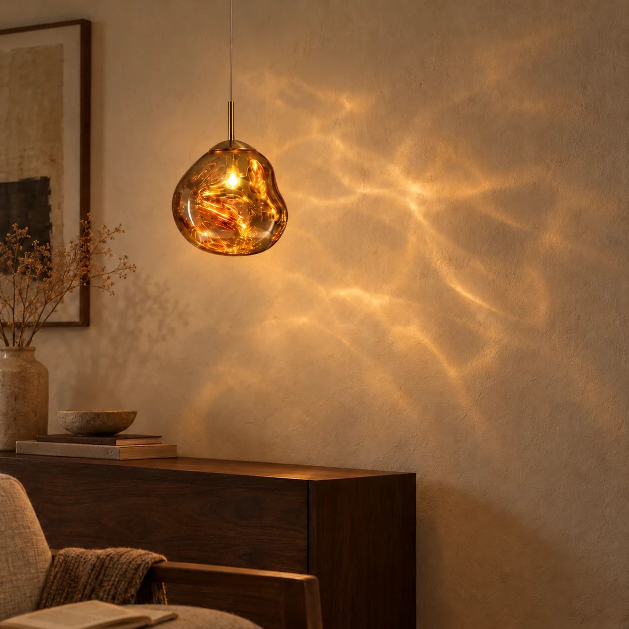 AI interior study showing a golden Melt pendant with irregular light patterns on a warm wall