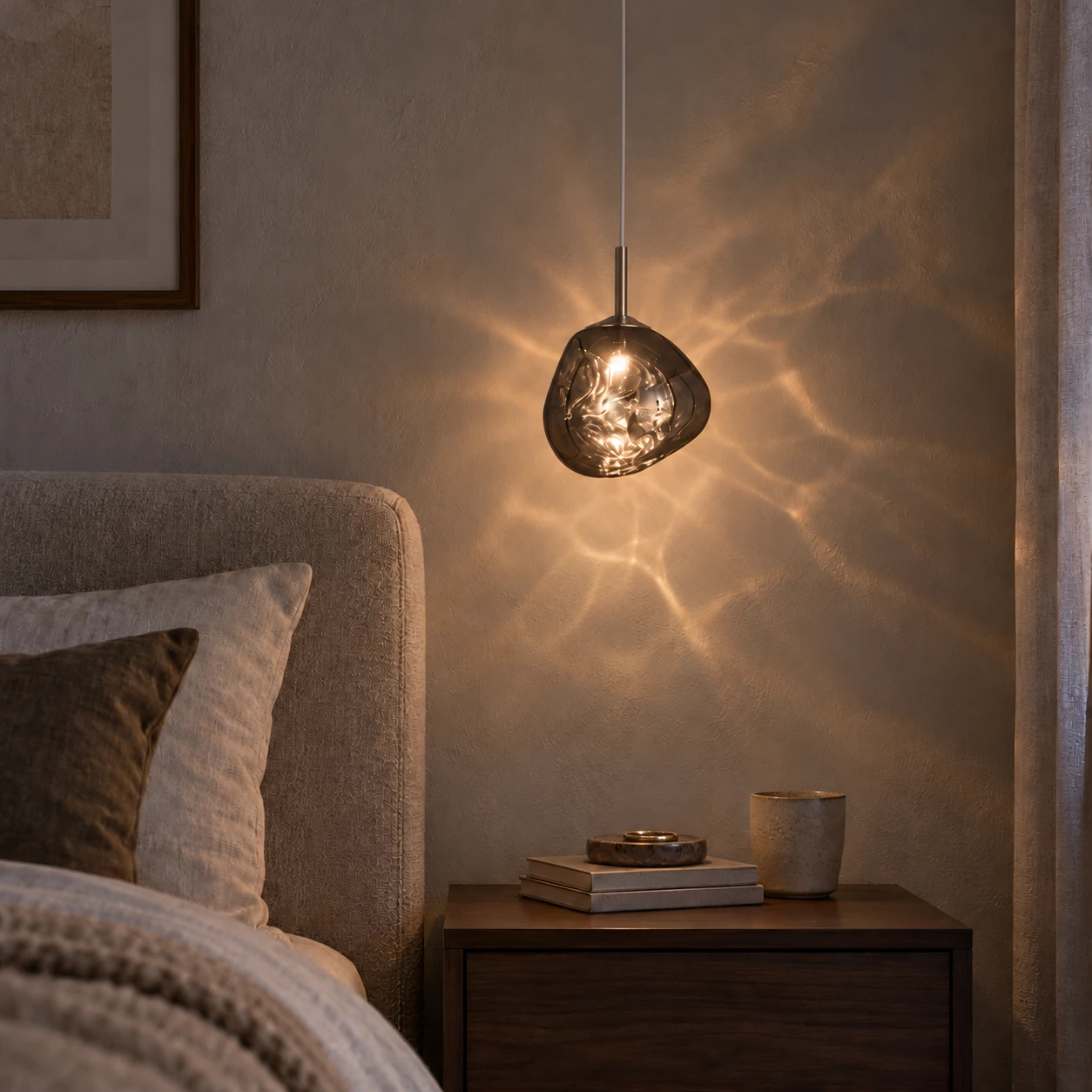 Smoky Melt pendant with irregular bedside wall shadows in an AI interior scene
