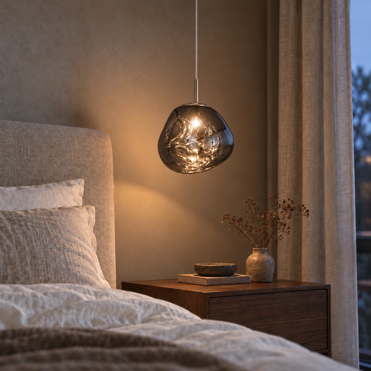 AI bedroom scene with a smoky Melt pendant beside an upholstered bed