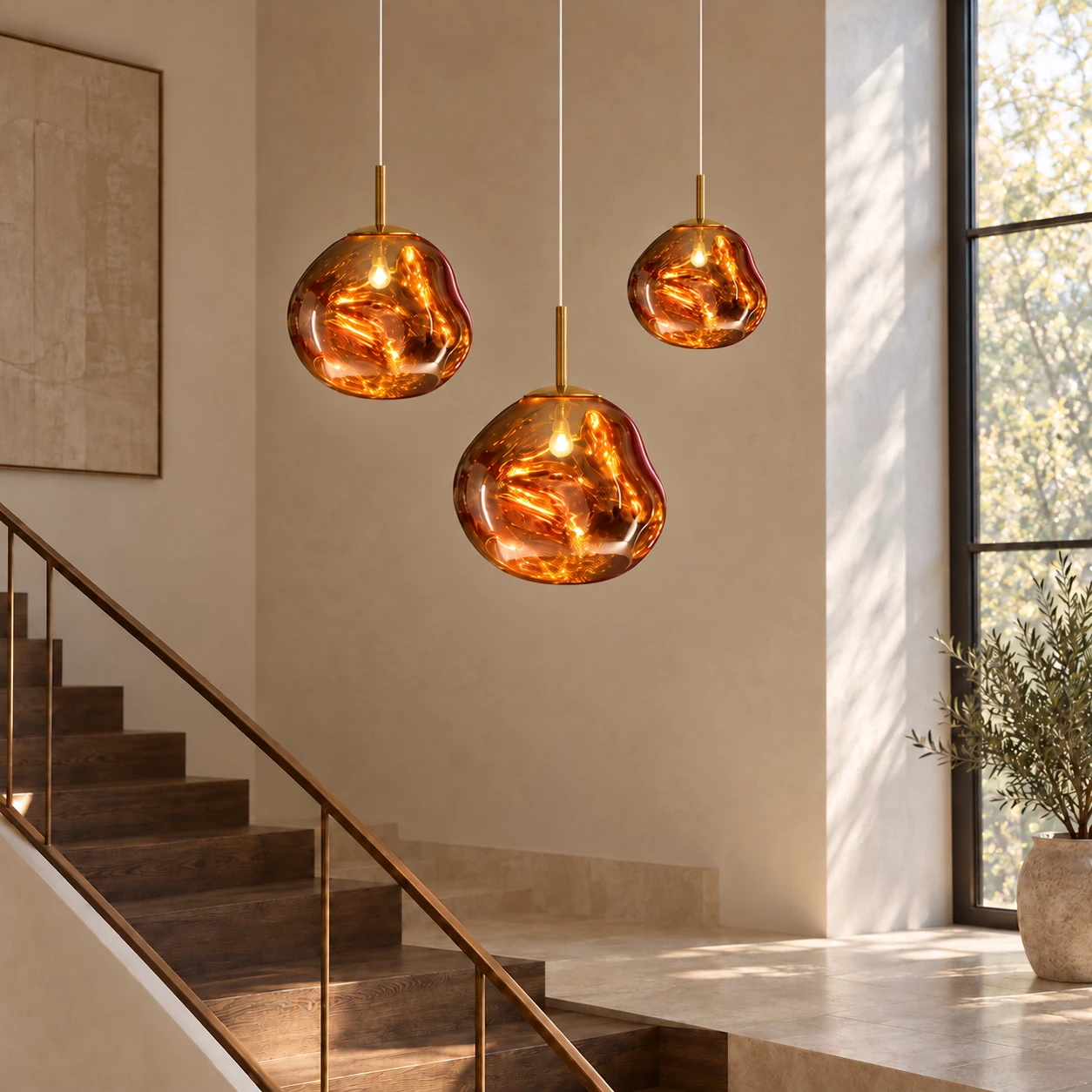 AI open-stairwell scene with golden Melt pendants at different heights